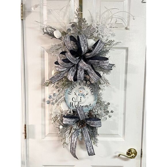 Luxe Winter Midnight Navy Blue Gray Silver Winter Teardrop Swag Wreath - Picture 1 of 9